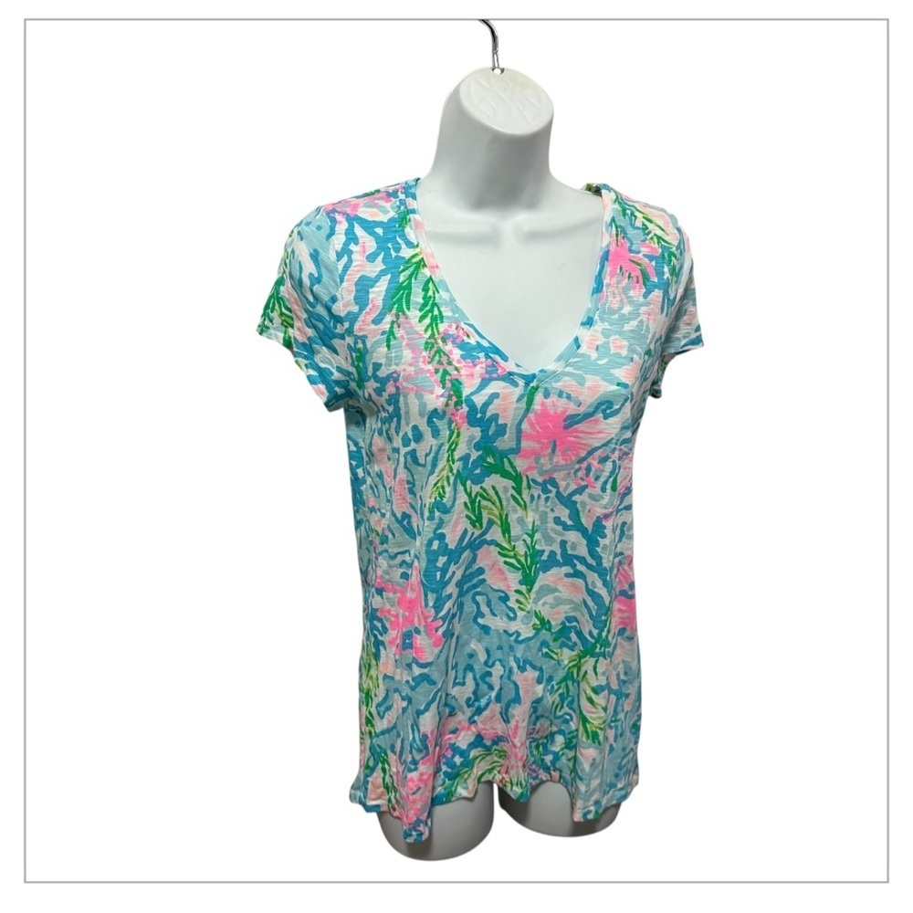 Lilly Pulitzer Etta V-Neck Top Multi Lilly Loves Marthas Vineyard Size XS Cotton